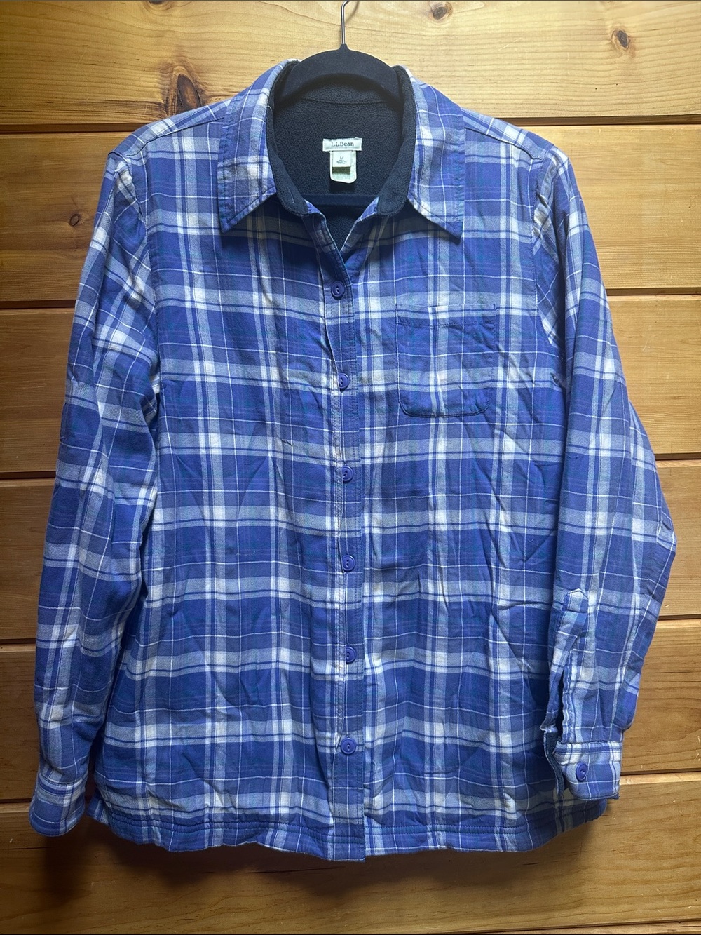 LL Bean fleece lined plaid  shirt jacket chore jacket medium M blue pocket